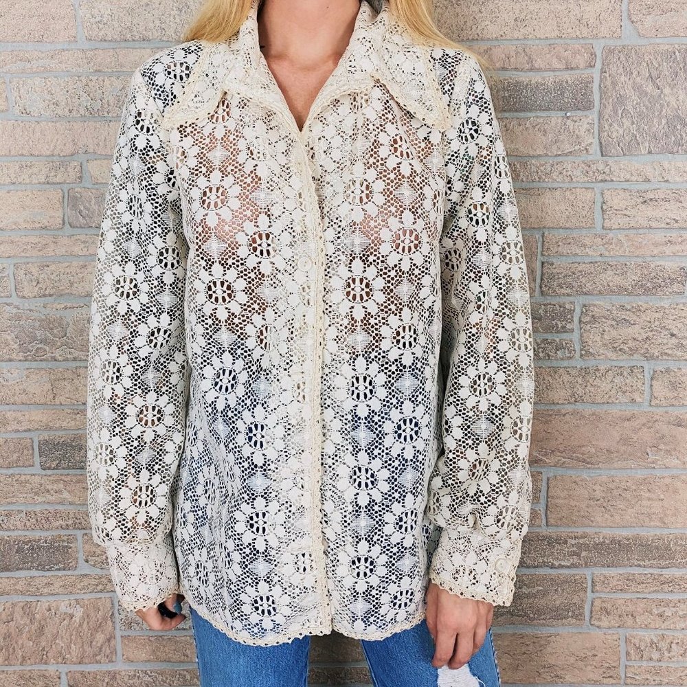 60's Sheer Lace Floral Blouse - Picture 5 of 6
